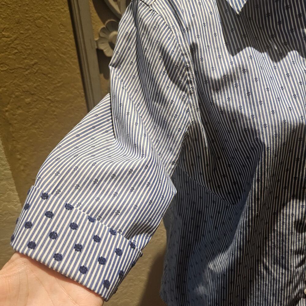 Chico's 1 (8-10) Blue White Stripe Button Up Shirt Grandma Coastal Nautical - Picture 5 of 12